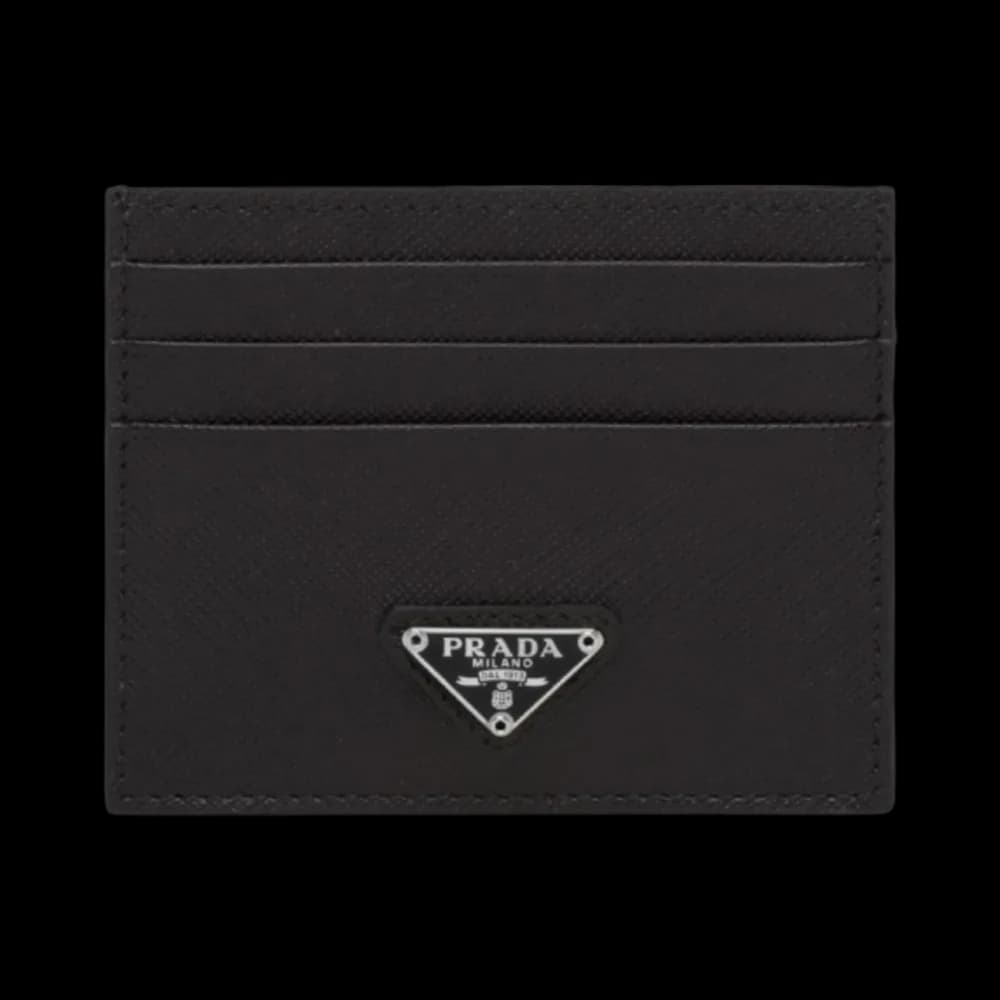 Prada Saffiano Leather Triangle Logo Card Holder Black Silver